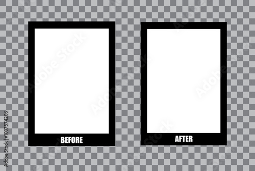 Before and after frames with bold black borders. Minimalist comparison layout with text labels. Abstract design for transformation concepts.