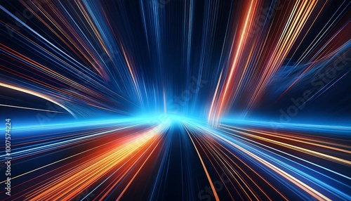 A futuristic visualization featuring dynamic light streaks in blue and orange hues, creating a sense of motion and energy.