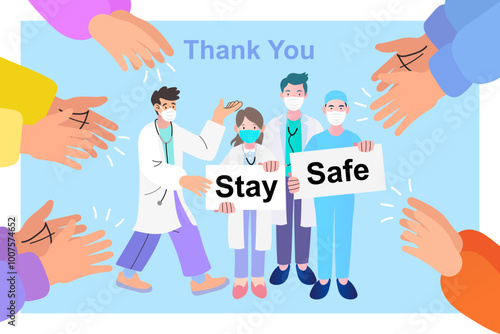 hands holding a word,Health Care and Safety. People hands clapping for Brave doctors and nurses 