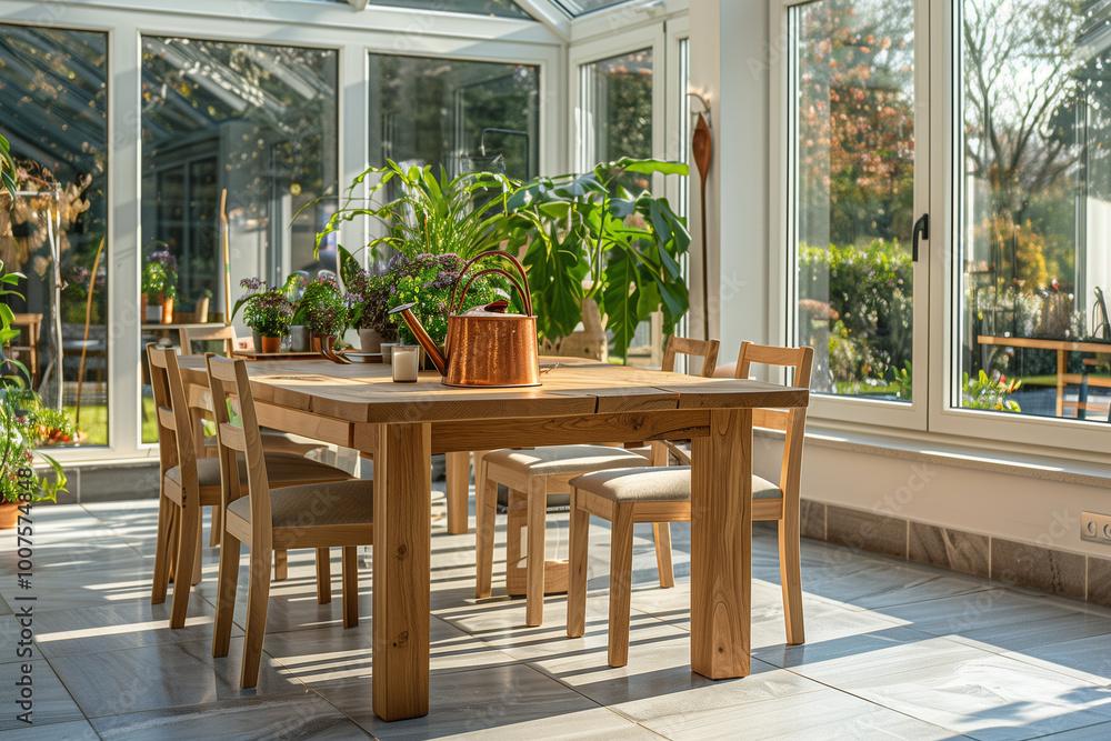Obraz premium Stylish composition of oak wooden table, copper watering can, and modern floor in beautiful orangery with lush greenery and natural decor