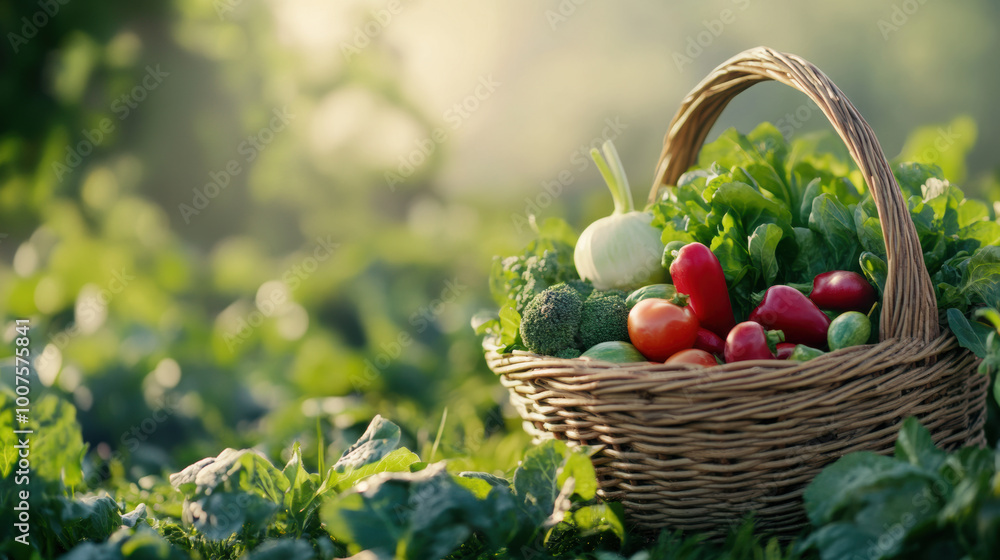 Fresh produce in woven basket sits on lush green grass, showcasing vibrant vegetables like tomatoes, peppers, and broccoli. serene setting evokes sense of abundance and natures bounty Fresh produce in woven basket sits on lush green grass, showcasing vibrant vegetables like tomatoes, peppers, and broccoli. serene setting evokes sense of abundance and natures bounty