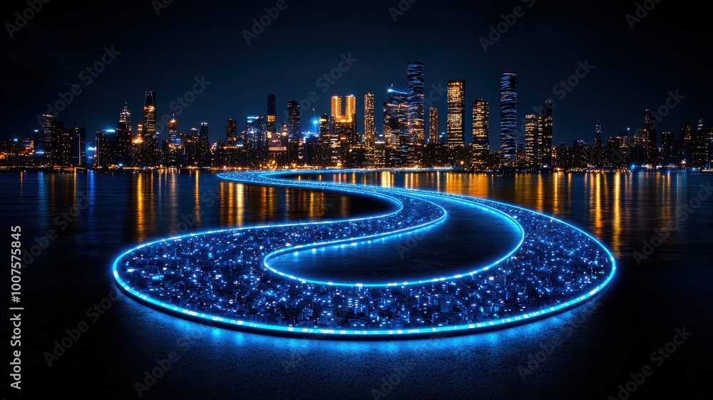 Fototapeta premium Illuminated Futuristic Cityscape Leading to 2025 Tower - Business Choices Concept with Copy Space