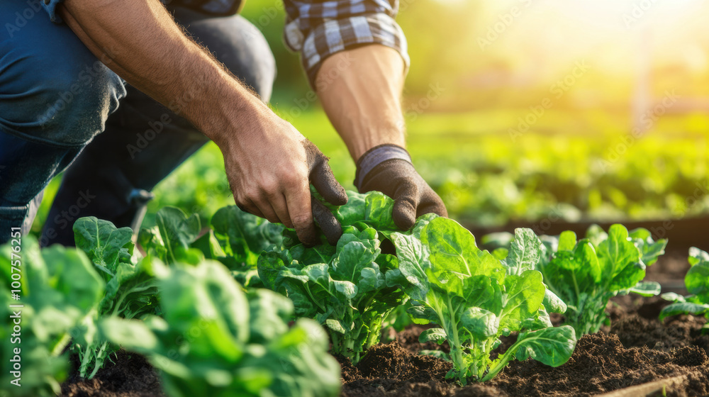 farmer harvesting fresh vegetables in organic farm field, showcasing beauty of nature and hard work. sunlight enhances vibrant greens of plants farmer harvesting fresh vegetables in organic farm field, showcasing beauty of nature and hard work. sunlight enhances vibrant greens of plants