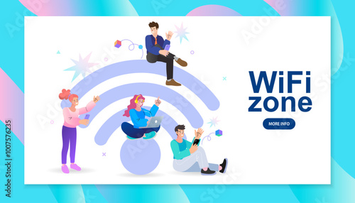 A group of freelance workers or students in a wifi zone. Men and women are connected to the internet, illustrating remote work, a co-working space, or a digital community.