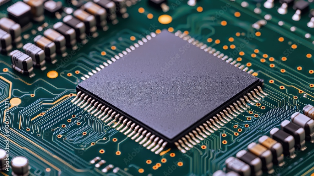 Closeup of Microchip on Circuit Board   Technology Background