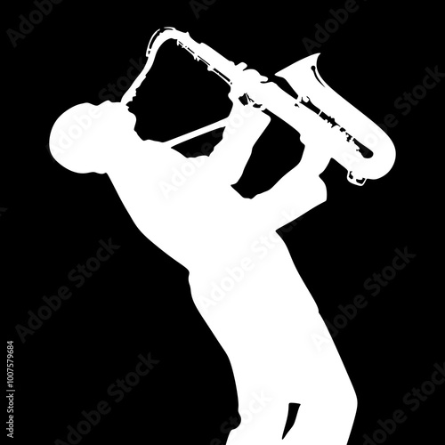 Silhouette of Saxophone Player. The unique combination of the black background and white silhouette vector. This modern and artistic design blends music and visual creativity. 