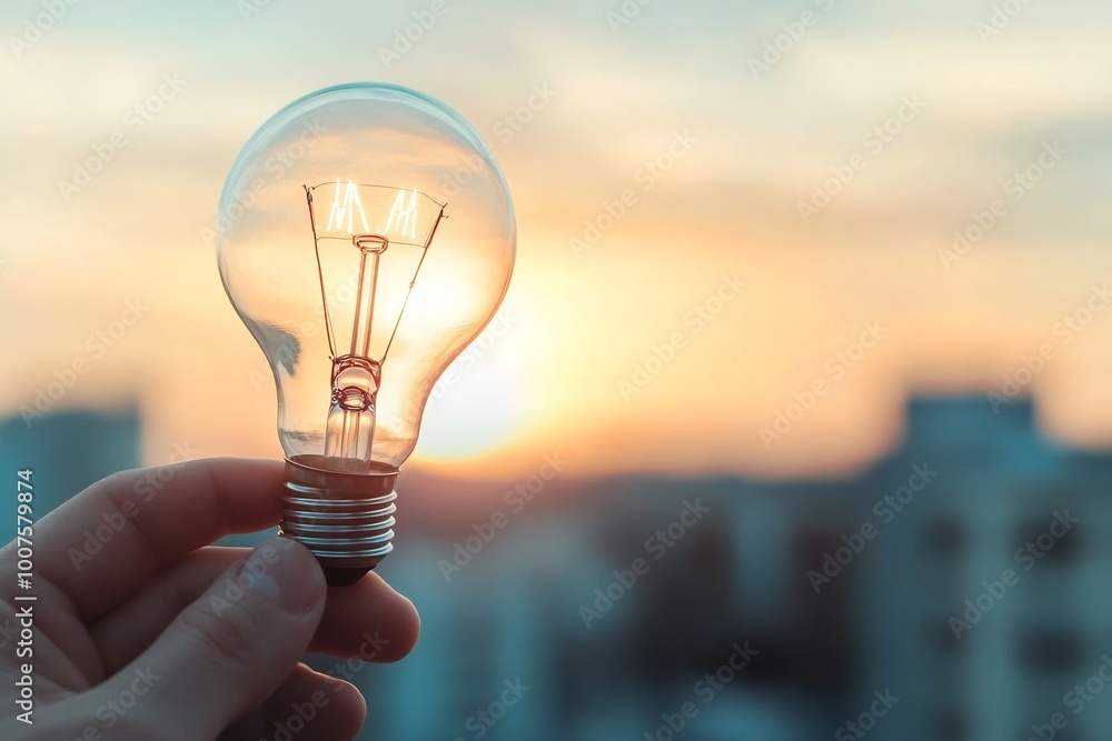 © Sebelas Studio - Hand holding a light bulb against a blurred cityscape at sunset, symbolizing innovative ideas and energy