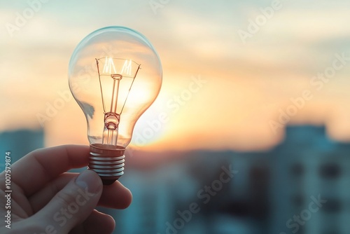 Hand holding a light bulb against a blurred cityscape at sunset, symbolizing innovative ideas and energy