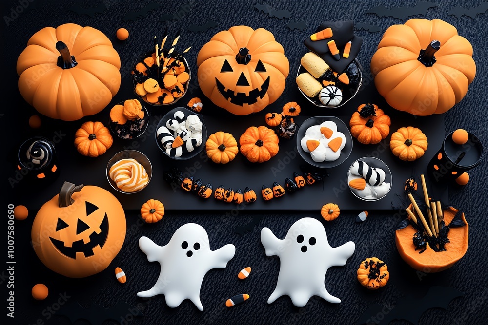 Minimalist illustration of a Halloween party snack table, featuring abstract ghosts, pumpkins, and spooky treats in a clean, modern style. Minimalist illustration of a Halloween party snack table, featuring abstract ghosts, pumpkins, and spooky treats in a clean, modern style.