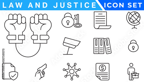 law & justice icons. editable thin line icons such as passion, fired, oath, accredited, diversify, judge chair, alerts, manufacture stock vector.