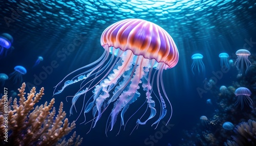 Majestic blue jellyfish gliding through the depths of the ocean, captured in stunning detail with a clean alpha channel for immersive visual experiences