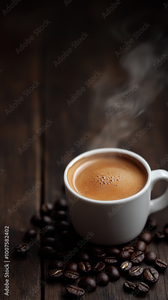 Steaming Hot Freshly Brewed Coffee Cup Surrounded by Roasted Coffee Beans on Wooden Surface Perfect for Morning Boost Steaming Hot Freshly Brewed Coffee Cup Surrounded by Roasted Coffee Beans on Wooden Surface Perfect for Morning Boost