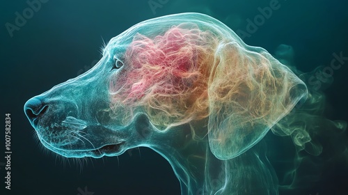 Futuristic rendering of a dogs brain with highlighted olfactory system, Canine Brain and Smell, sensory processing concept