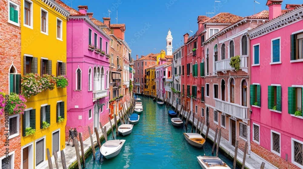 Obraz premium Colorful Canal Houses in Venice Italy Gondola Boats Architecture Travel Photography