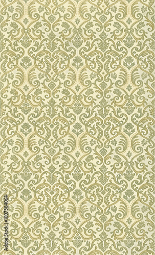  intricate green floral damask pattern on a pale yellow background.