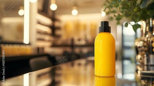 Luxury Yellow Juice Bottle Mockup on Mirrored Countertop.