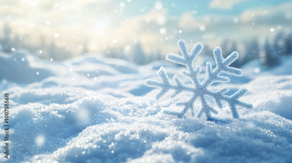 A Large Shiny Snowflake Resting in Deep Snow A Large Shiny Snowflake Resting in Deep Snow