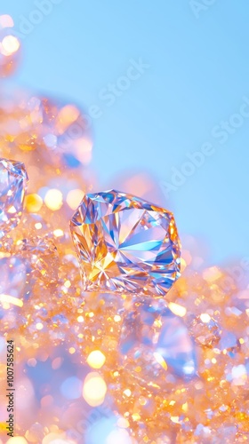 Close-up of sparkling diamonds with rainbow reflections on a soft pastel pink background, creating a luxurious and dazzling visual effect.