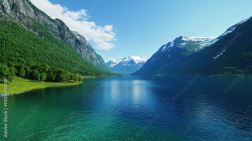Scenic Mountain Lake with Crystal Clear Water and Snowy Peaks Scenic Mountain Lake with Crystal Clear Water and Snowy Peaks