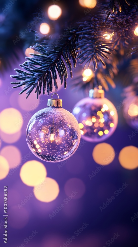 Festive Christmas tree glass ornament on purple background Festive Christmas tree glass ornament on purple background