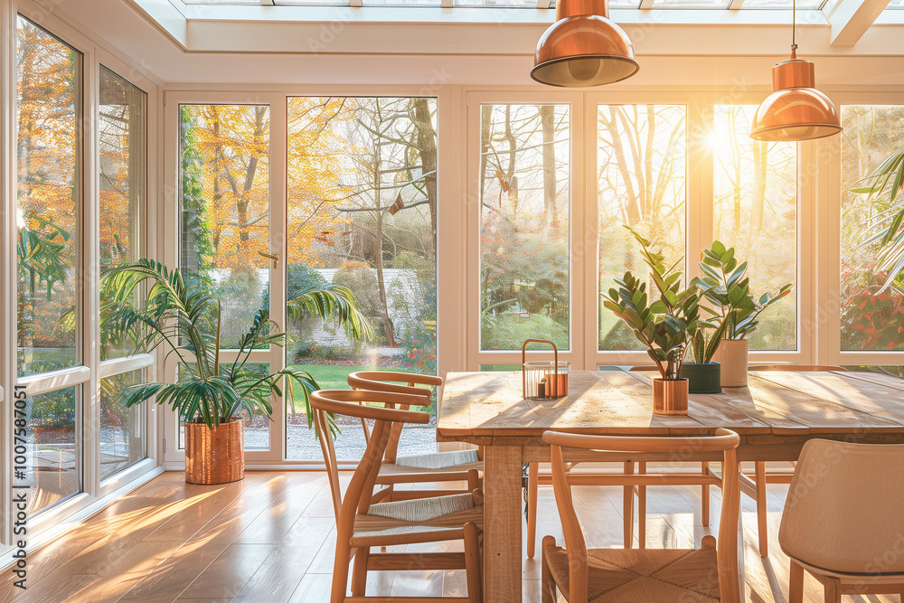 Obraz premium Stylish composition of oak wooden table, copper watering can, and modern floor in beautiful orangery with lush greenery and natural decor