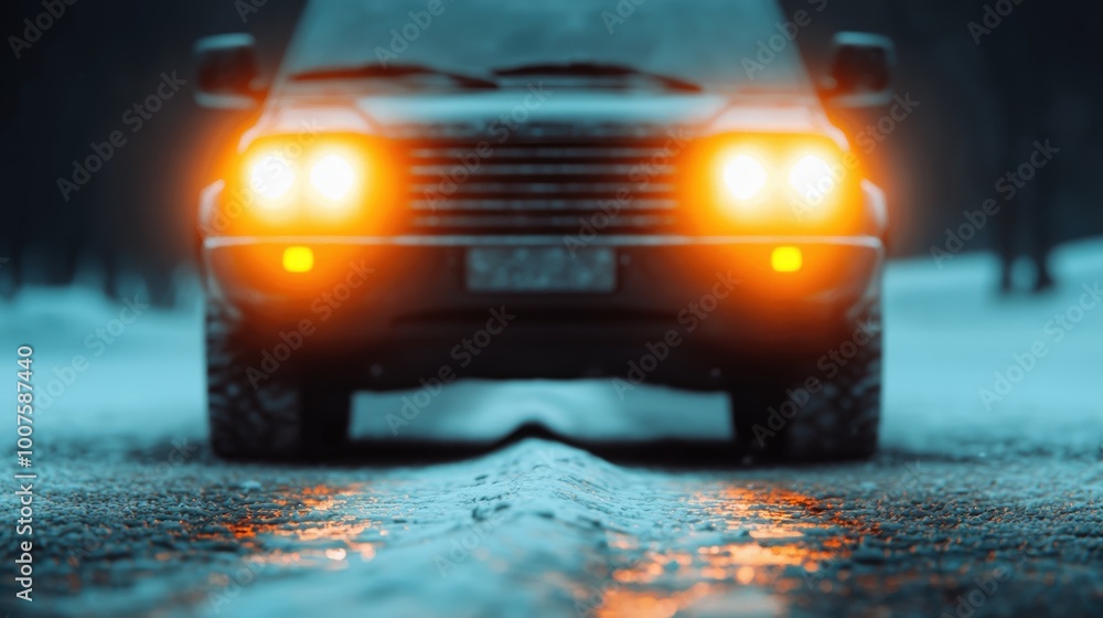 Car Headlights on Snowy Road at Night Winter Driving Long Exposure Car Headlights on Snowy Road at Night Winter Driving Long Exposure