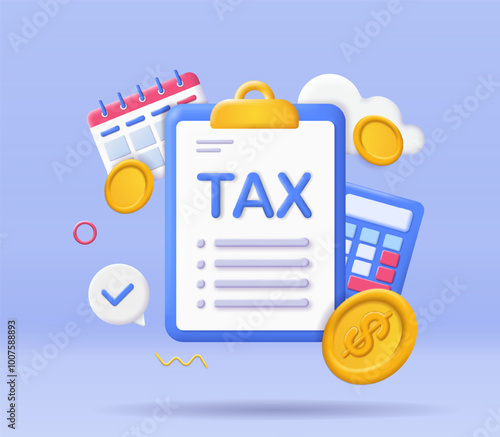 3D tax poster. Clipboard with calculator and golden coins. Financial management and literacy. Taxation, investment and credit. Accounting and budgeting. Isometric vector illustration