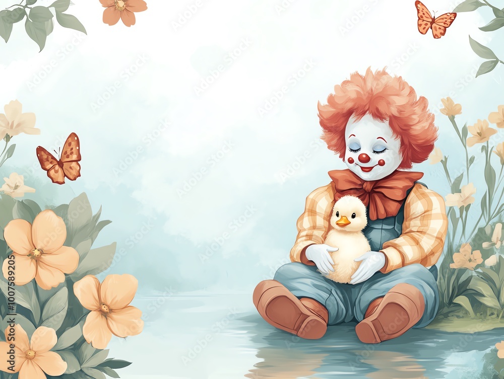 Fototapeta premium A cheerful clown playing with a duckling by a serene pond surrounded by colorful flowers and butterflies in a whimsical landscape.