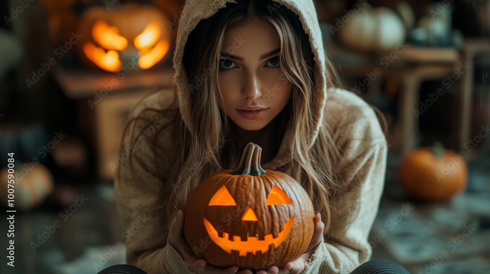Halloween Night with Hooded Girl Holding Glowing Jack-O-Lantern Halloween Night with Hooded Girl Holding Glowing Jack-O-Lantern