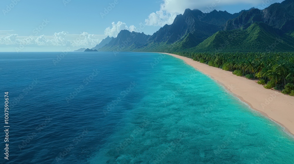 Fototapeta premium Tropical Island Beach with Clear Water and Lush Green Mountains