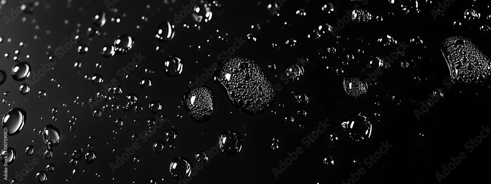 Water drops on a black background. Glass texture with droplets. Surface wet with dew. Abstract wallpaper in bubbles. Water drops on a black background. Glass texture with droplets. Surface wet with dew. Abstract wallpaper in bubbles.