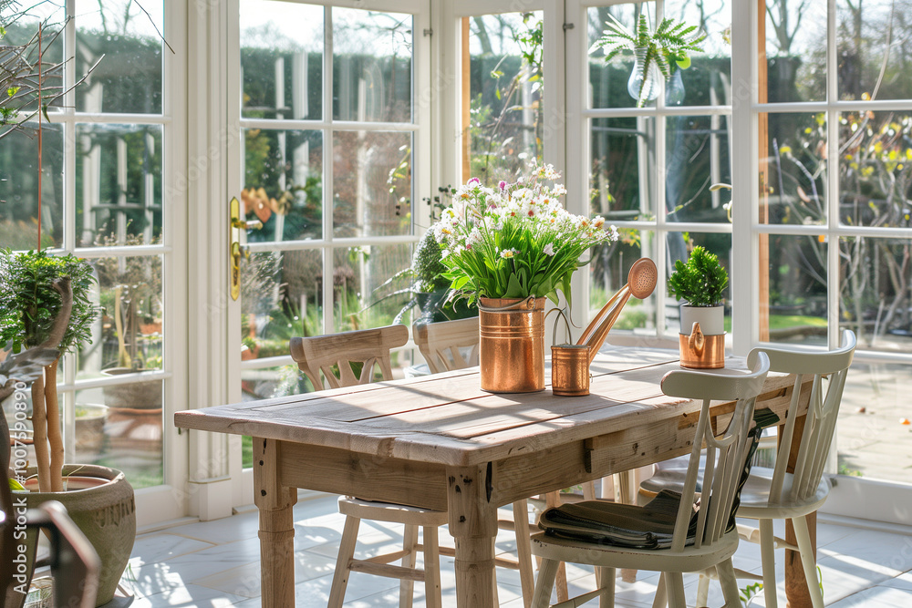 Obraz premium Stylish composition of oak wooden table, copper watering can, and modern floor in beautiful orangery with lush greenery and natural decor