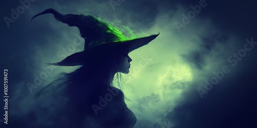 Silhouette of mystic wicked witch in black hat and dress on dark background. Halloween holiday. Witches sabbath on Walpurgis night. Black magic and paganism concept photo