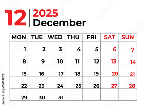 december 2025 Monthly Calendar design with clean look and week starts from sunday