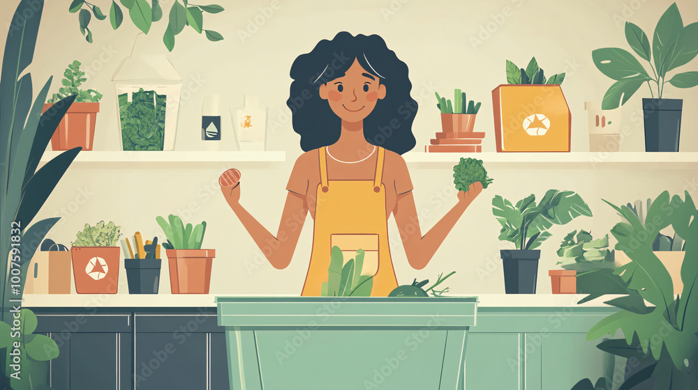 animated illustration of a woman sorting compost in a kitchen with a green and yellow color scheme. animated illustration of a woman sorting compost in a kitchen with a green and yellow color scheme.