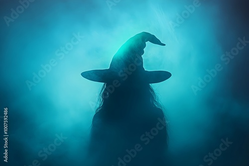 Silhouette of mystic wicked witch in black hat and dress on dark background. Halloween holiday. Witches sabbath on Walpurgis night. Black magic and paganism concept photo