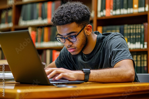 A student working on a research paper, typing on a laptop, surrounded by academic journals and books, university library setting