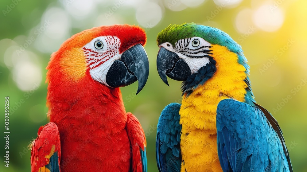 Fototapeta premium Colorful Macaw Parrots Facing Each Other in Close Up Portrait