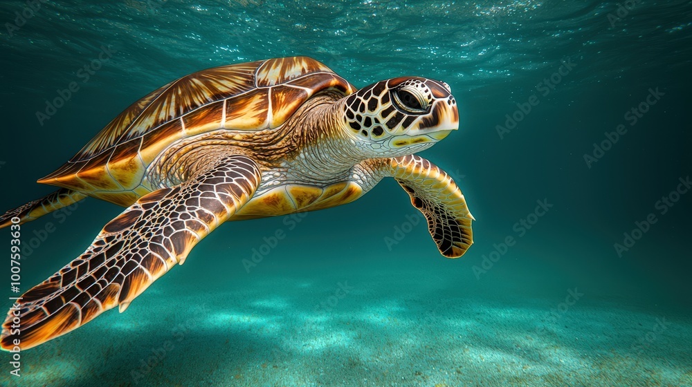 Fototapeta premium Green Sea Turtle Swimming Underwater Clear Turquoise Water Sunlit Shell Marine Life Wi