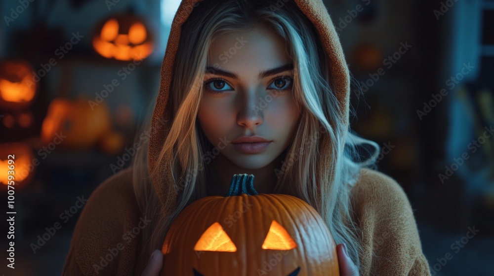 Halloween Night with Hooded Girl Holding Glowing Jack-O-Lantern Halloween Night with Hooded Girl Holding Glowing Jack-O-Lantern