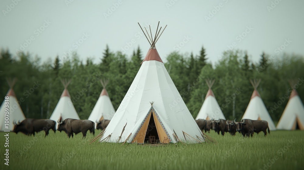 Native American Teepees and Buffalo Herd in Grassy Meadow Landscape Native American Teepees and Buffalo Herd in Grassy Meadow Landscape