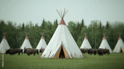 Native American Teepees and Buffalo Herd in Grassy Meadow Landscape