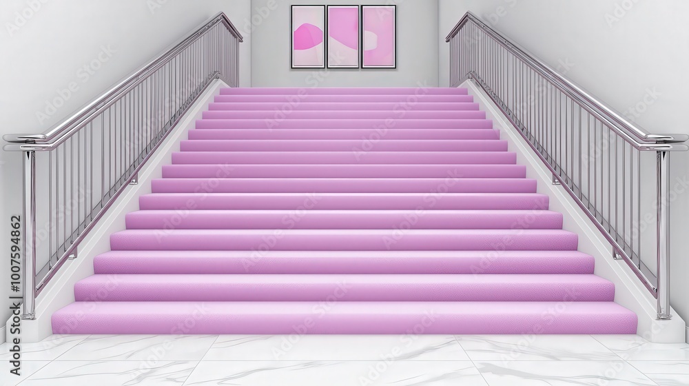 Obraz premium Pink Carpeted Stairs with Chrome Railings in Modern Interior Design