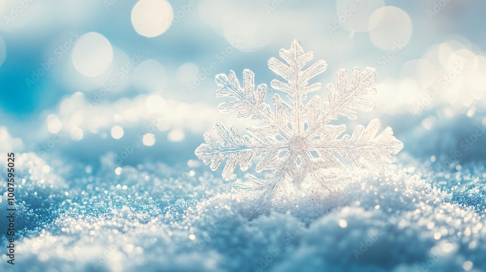 A Single Snowflake Resting on a Snowy Surface with a Blurred Blue Background A Single Snowflake Resting on a Snowy Surface with a Blurred Blue Background