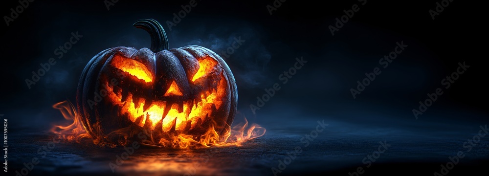 Scary burning Halloween pumpkin with evil smiling face on black background. Spooky Jack o Lantern for autumn holidays. Creepy concept for design greeting card, banner, poster, invitation Scary burning Halloween pumpkin with evil smiling face on black background. Spooky Jack o Lantern for autumn holidays. Creepy concept for design greeting card, banner, poster, invitation