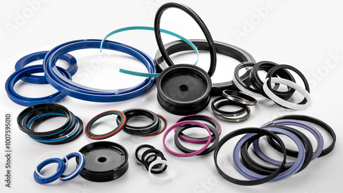 Numerous rubber seals and rings in diverse sizes and colors are arranged together, commonly used in automotive and industrial applications. These components are essential for preventing leaks.