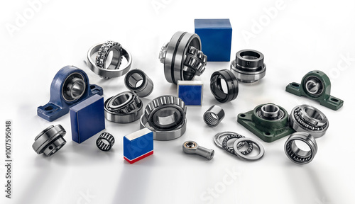 Various types of bearings and mechanical parts are displayed in an organized manner, showcasing their forms and functions ideal for engineering projects and repairs.