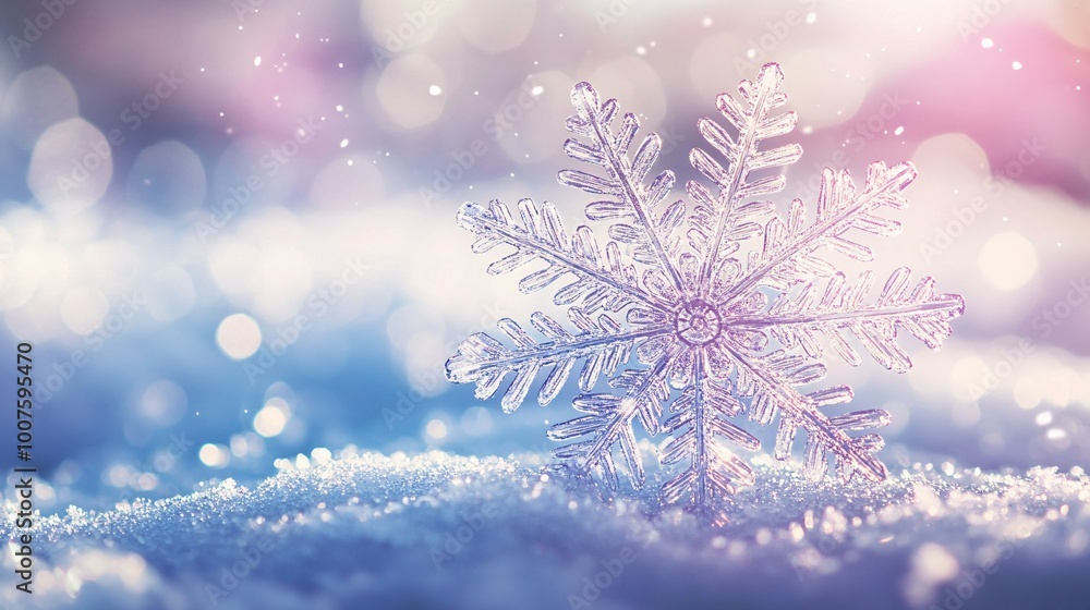 A Single Snowflake Resting on a Bed of Sparkling Snow A Single Snowflake Resting on a Bed of Sparkling Snow