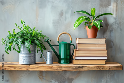 Houseplants, Wooden Shelf with Books, Watering Can, and Natural Greenery for Cozy Interior Styling