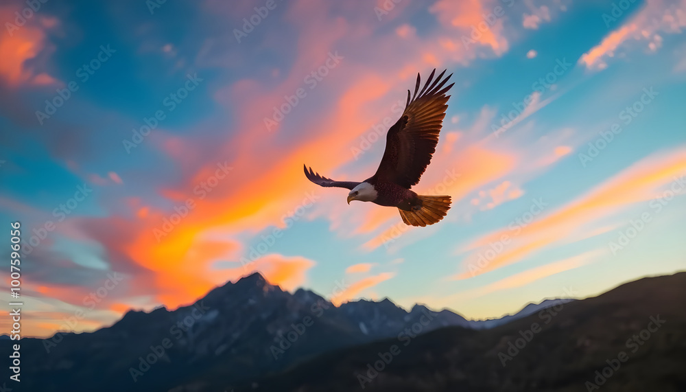 Fototapeta premium A majestic eagle soaring through a vibrant, colorful sky with stunning mountains in the background. The scene exudes a sense of freedom and grandeur, capturing the beauty of nature and wildlife 